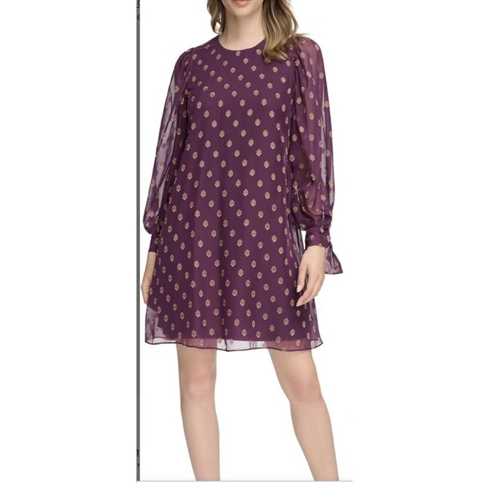 NWT Calvin‎ Klein Printed Tie-Sleeve Shift Dress Purple Sz 4 MSRP$140